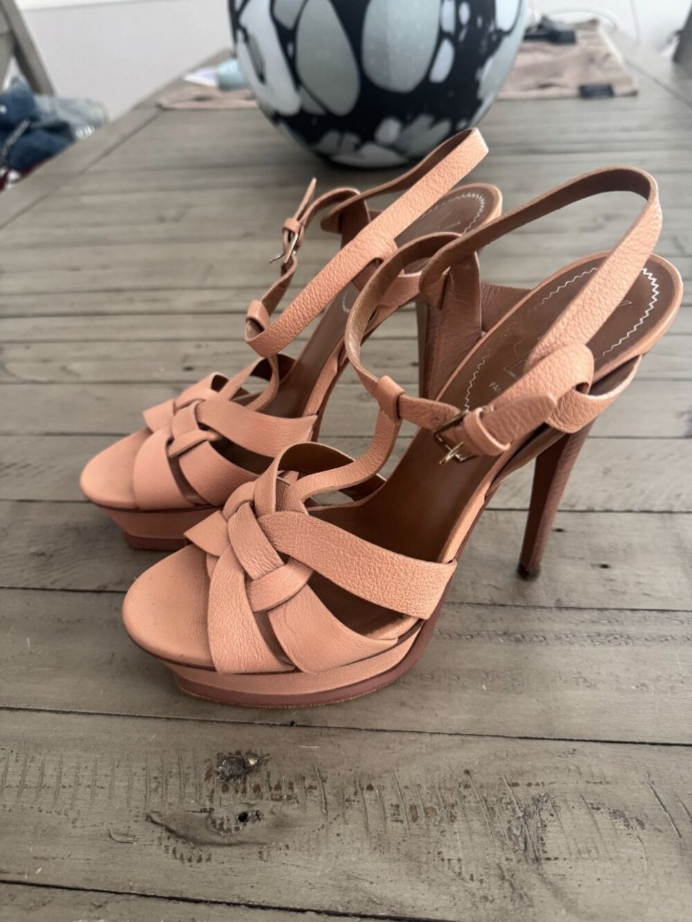 YSL Saint Laurent Beige Leather Tribute Platform Wood Heel Sandals Pumps 39 - Picture 1 of 8